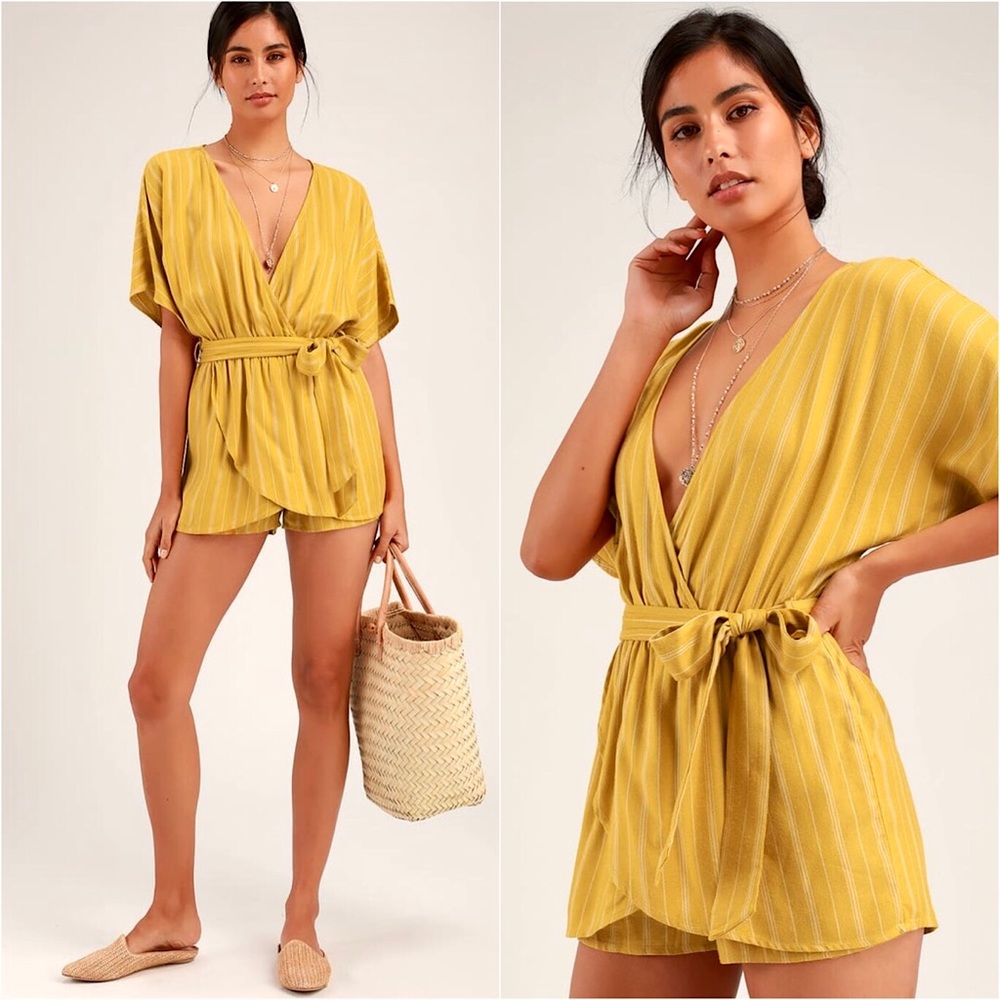 Lulus “Sunshine State” Vneck Striped Tied Romper - Picture 1 of 16